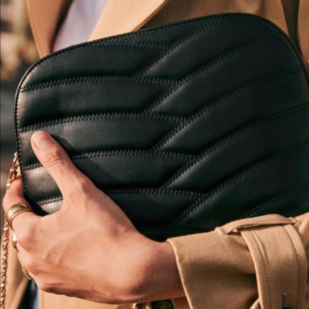 Sezane Quilted Croco Victor Purse, Black